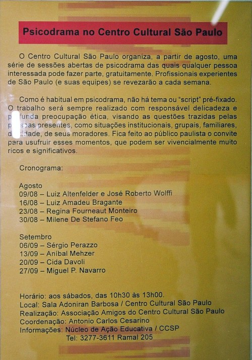 Cartaz dos primeiros Psicodramas Públicos no CCSP, 2003